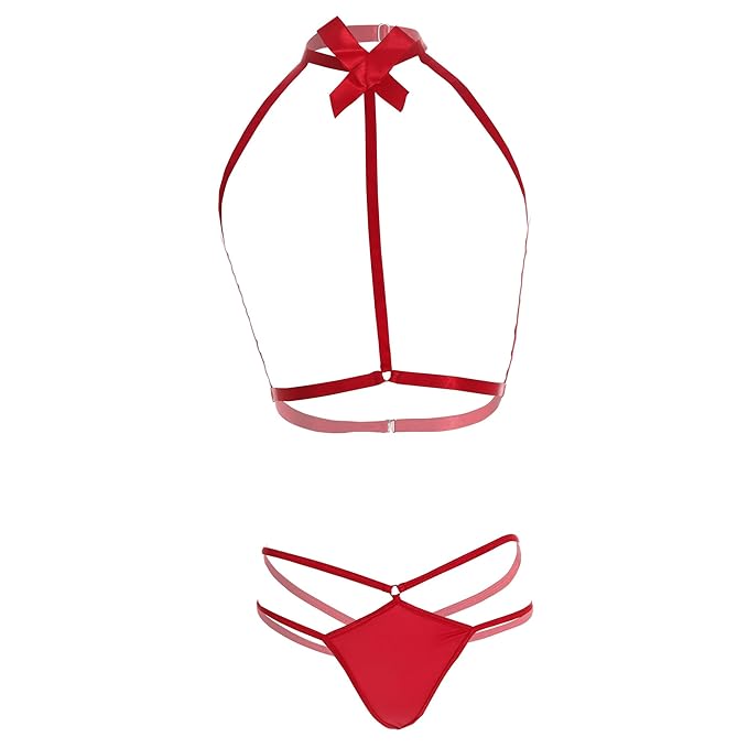 Premium Women’s Halter Open-Cup Bralette & Strappy Panty Set – Bold Two-Piece Lingerie Ensemble with Oversized Satin Bow & Architectural Frame