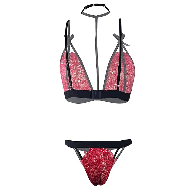 Women’s Crimson Red Floral Lace Bralette & Panty Set – Elegant Two-Piece Lingerie Ensemble with Integrated Choker and Geometric Harness Straps