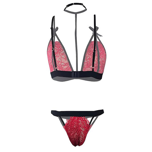 Women’s Crimson Red Floral Lace Bralette & Panty Set – Elegant Two-Piece Lingerie Ensemble with Integrated Choker and Geometric Harness Straps