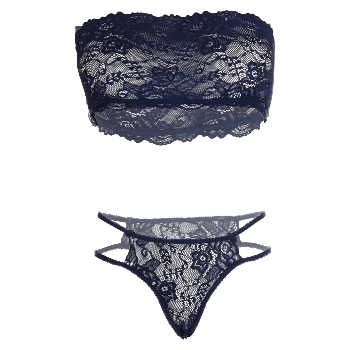 Women’s Floral Lace Bandeau Bralette & Strappy Thong Set – Elegant Two-Piece Strapless Lingerie Ensemble with Modern Double-Waist Detail
