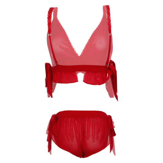 Women’s Sheer Ruffled Mesh Triangle Bralette & Tie-Side Panty Set – Elegant Two-Piece Lingerie Ensemble with Adjustable Satin Ties