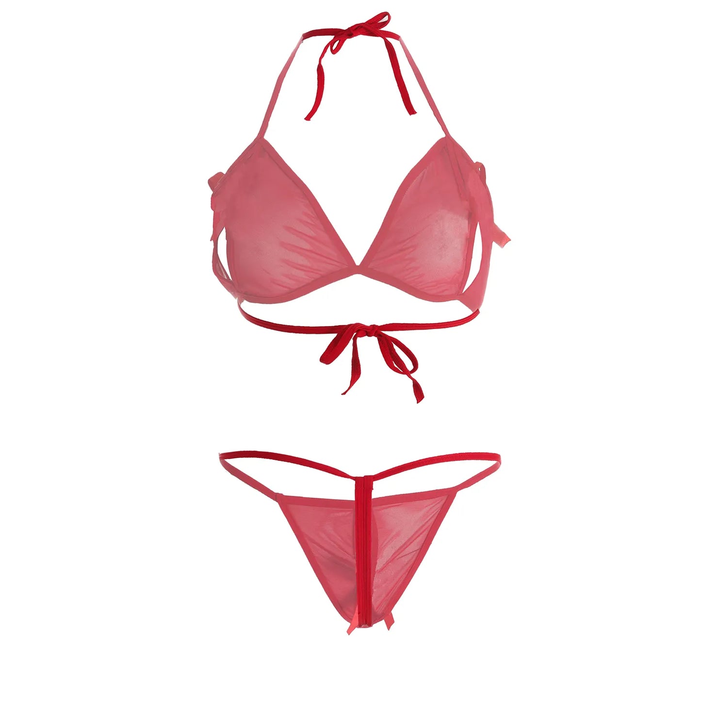 Women’s Minimalist Sheer Mesh Halter Bralette & G-String Set – Elegant Two-Piece Lingerie Ensemble with Modern Keyhole Cut-Out Detail