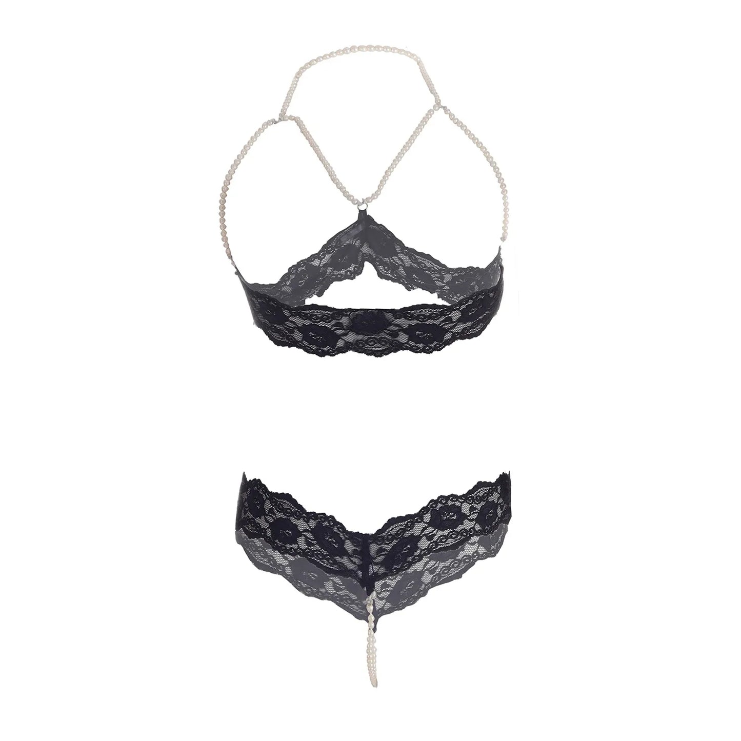 Premium Women’s Lace & Lustrous Pearl Bralette Set – Opulent Two-Piece Lingerie Ensemble with Open-Bust Design & Satin Accents