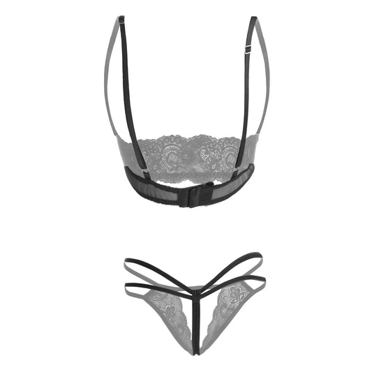 Premium Women’s Floral Lace Shelf Bralette & Multi-Strap Thong Set – Elegant Two-Piece Lingerie Ensemble with Quarter-Cup Design
