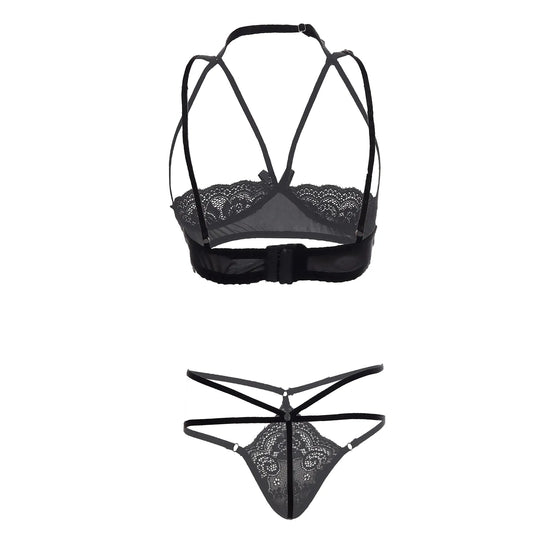 Premium Women’s Floral Lace Framed Open-Cup Bralette & Multi-Strap Thong Set – Provocative Two-Piece Lingerie Ensemble with Modern Harness Detail