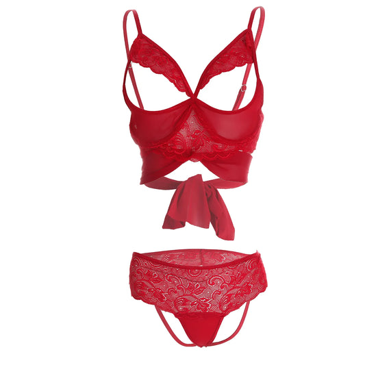 Premium Women’s Scarlet Red Floral Lace Open-Bust Bralette & Panty Set – Romantic Two-Piece Lingerie Ensemble with Integrated Mesh Wrist Ties