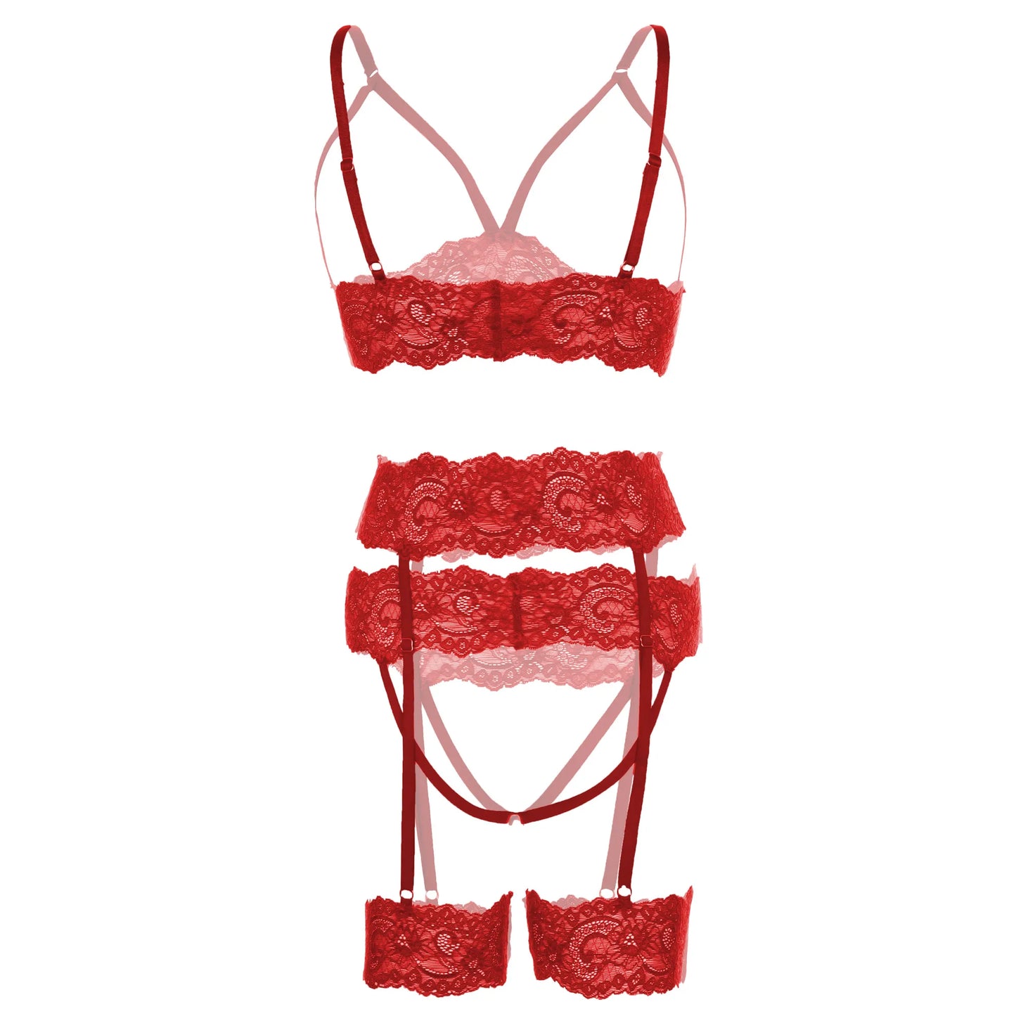 Premium Women’s Floral Lace Open-Bust Bralette & Multi-Strap Garter Set – Sophisticated Three-Piece Lingerie Ensemble with Integrated Stocking Clips