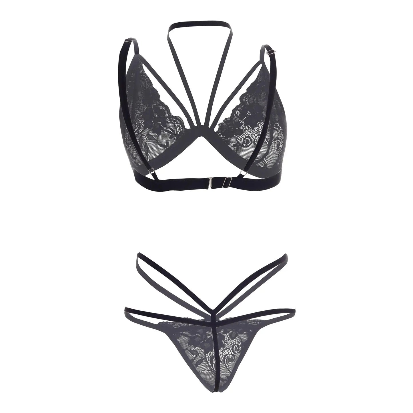 Premium Women’s Geometric Strappy Lace Bralette & Thong Set – Architectural Two-Piece Lingerie Ensemble with Multi-Strap Web Design