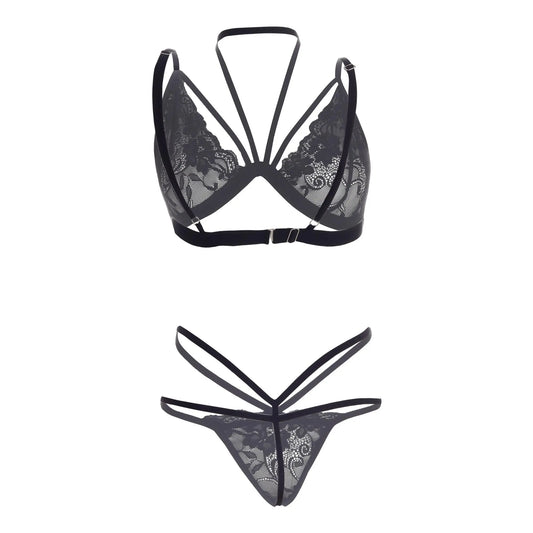 Premium Women’s Geometric Strappy Lace Bralette & Thong Set – Architectural Two-Piece Lingerie Ensemble with Multi-Strap Web Design