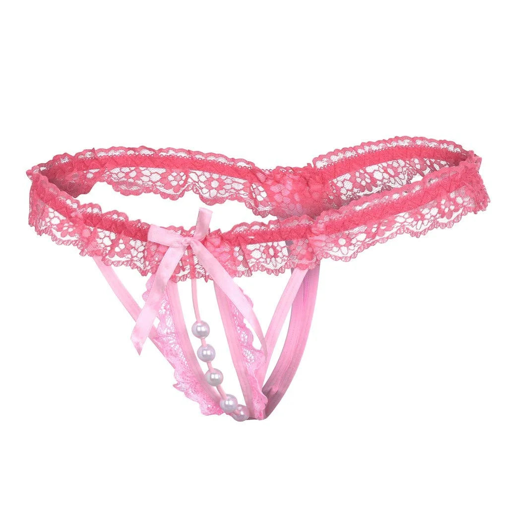 Premium Women’s Pearl-Detail Open Lace Thong – Elegant Bow Accent Exotic Intimate Bottomwear