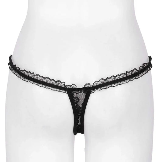 Women’s Lace Pearl Accent Cut-Out Thong Panty – Decorative Bow Lingerie Bottomwear