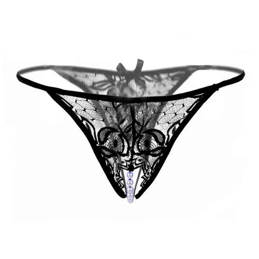 Women’s Sheer Lace Pearl Detail Thong – Elegant Low-Rise Designer Intimate Bottomwear