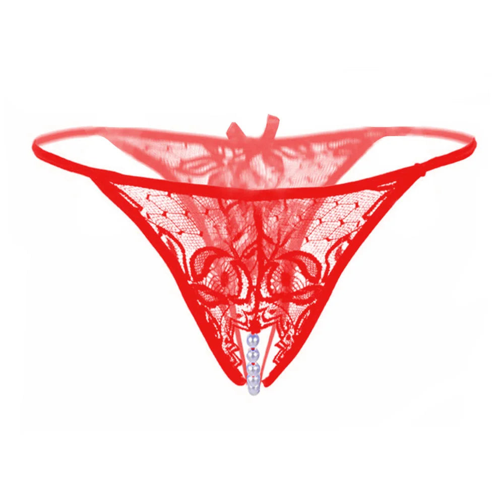 Women’s Sheer Lace Pearl Detail Thong – Elegant Low-Rise Designer Intimate Bottomwear