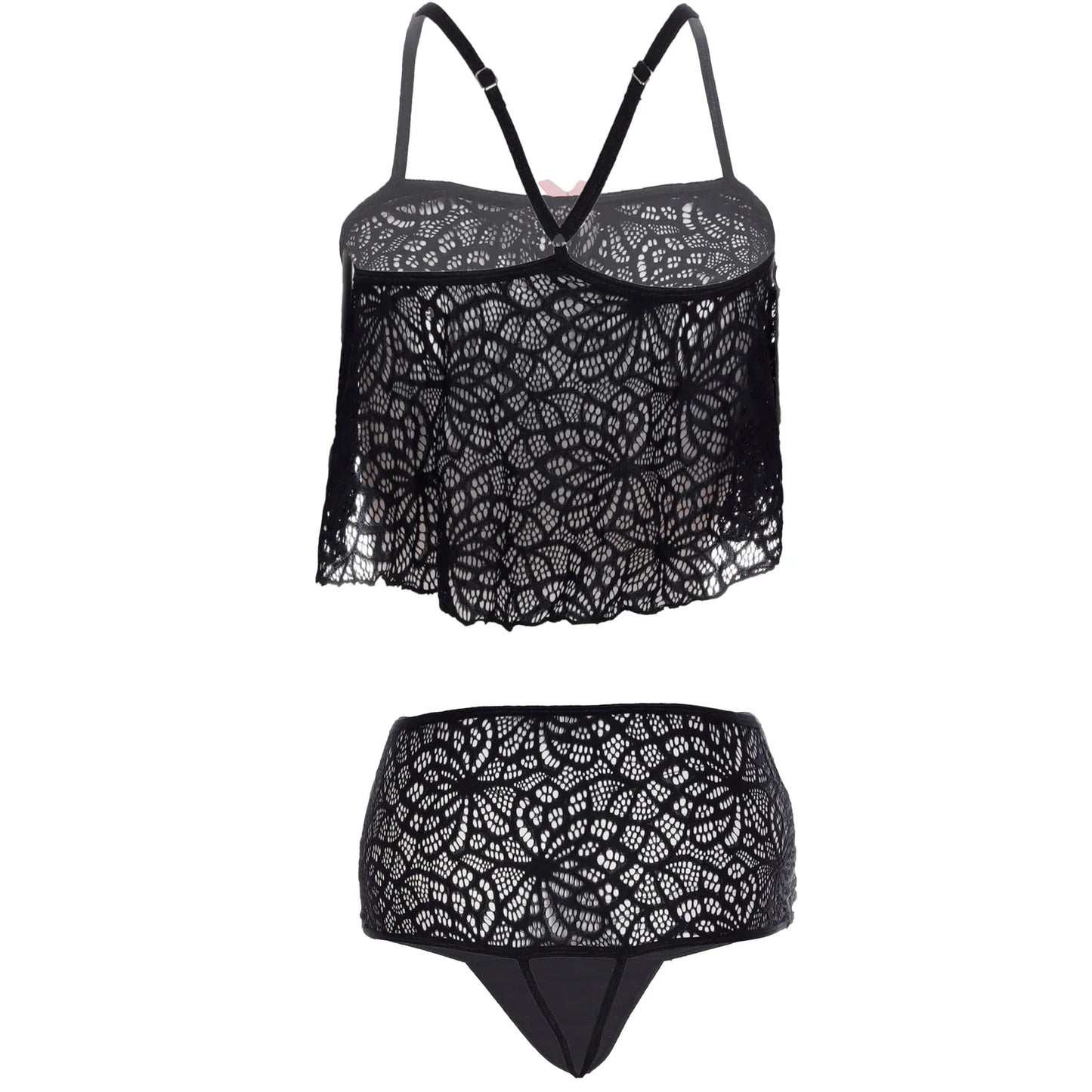 Women’s Floral Lace Ruffled Bralette & High-Waist Panty Set – Elegant Two-Piece Lingerie Ensemble with Decorative Ribbon Bows
