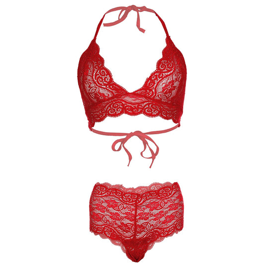 Women’s Eyelash Floral Lace Halter Bralette & Boyshort Set – Elegant Two-Piece Lingerie Ensemble with Scalloped Lace Trim