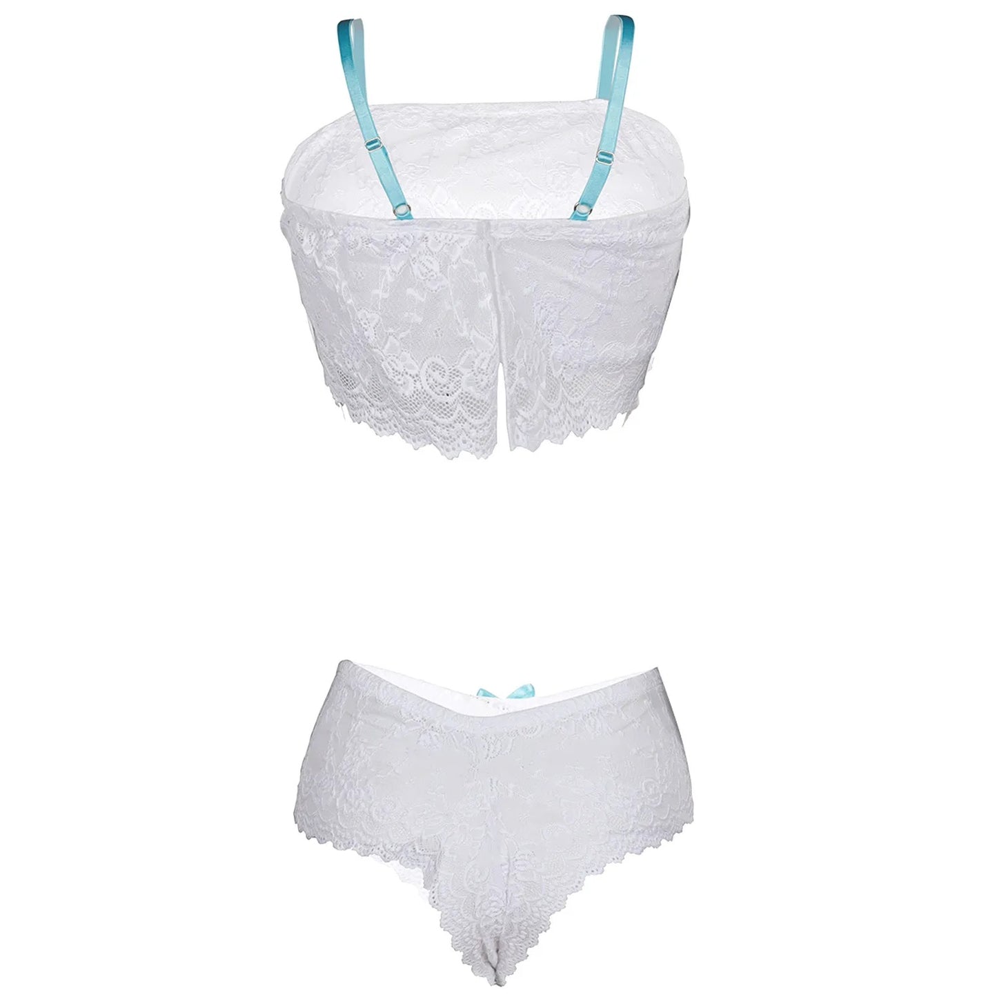 Women’s White Floral Lace Ruffled Bralette & Panty Set – Elegant Two-Piece Bridal Lingerie with Contrast Ribbon Accents