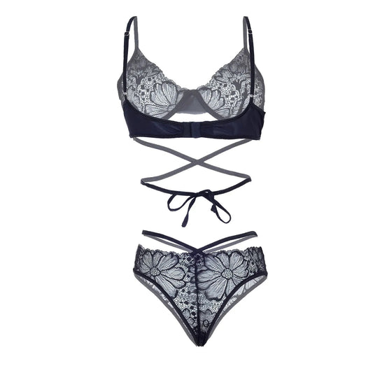 Women’s Underwired Floral Lace Bralette & Strappy Panty Set – Elegant Two-Piece Lingerie Ensemble with Modern Criss-Cross Waist Wrap