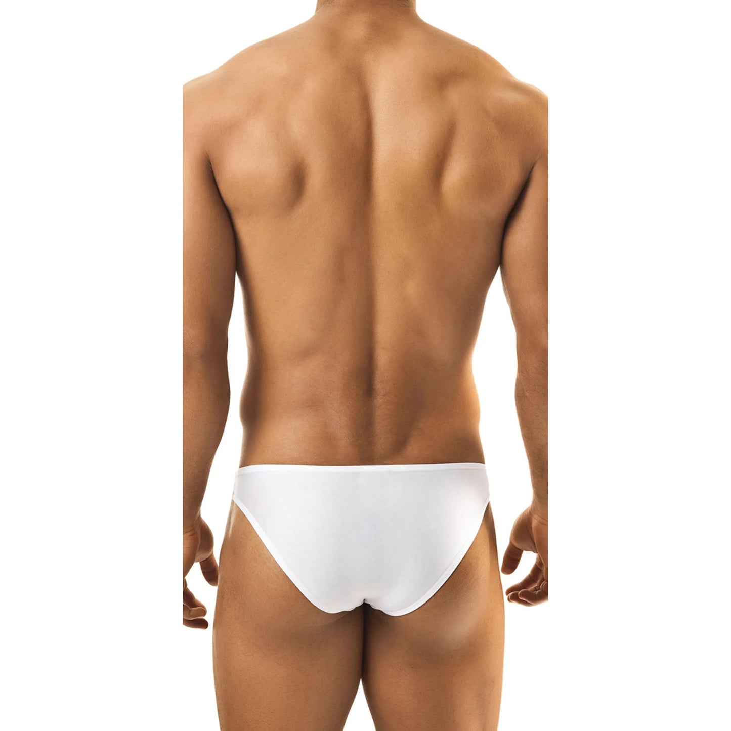 Model wearing premium men's low-rise bikini briefs in sleek black stretch fabric for a comfortable and modern fit.