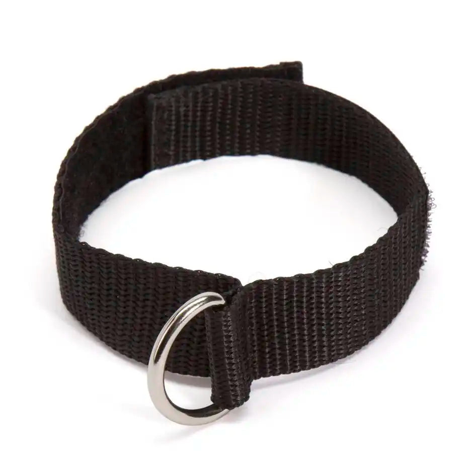 Adjustable wrist handcuff pair with metal lock connector and nylon straps.