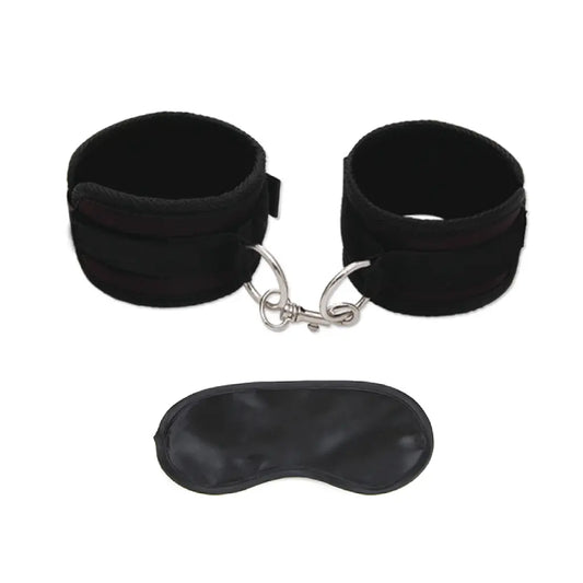 Black adjustable wrist handcuffs with metal lock connector and matching blindfold roleplay set.
