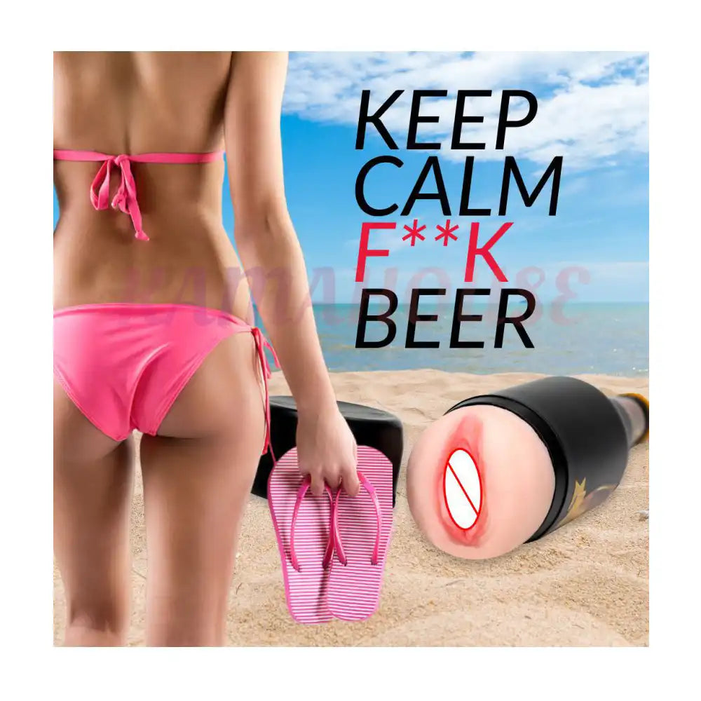 Beer bottle shape pocket massager with textured interior and compact portable design.
