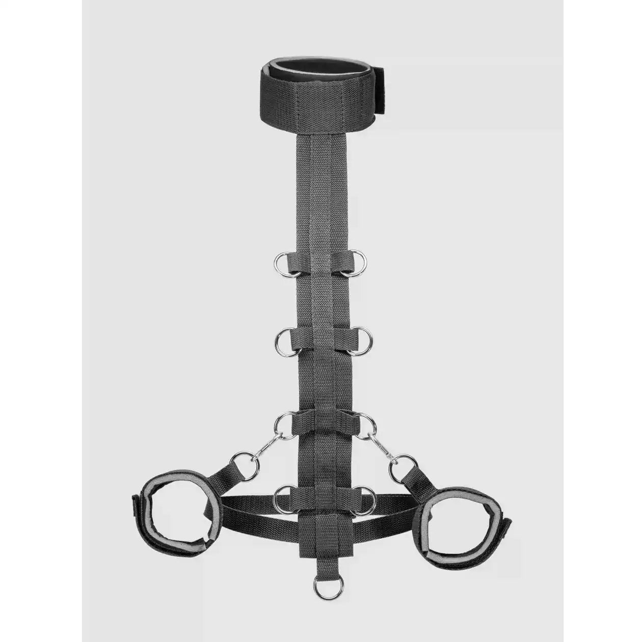 Black neck-to-waist restraint harness with adjustable collar, waist belt, padded wrist cuffs, and metal attachment rings