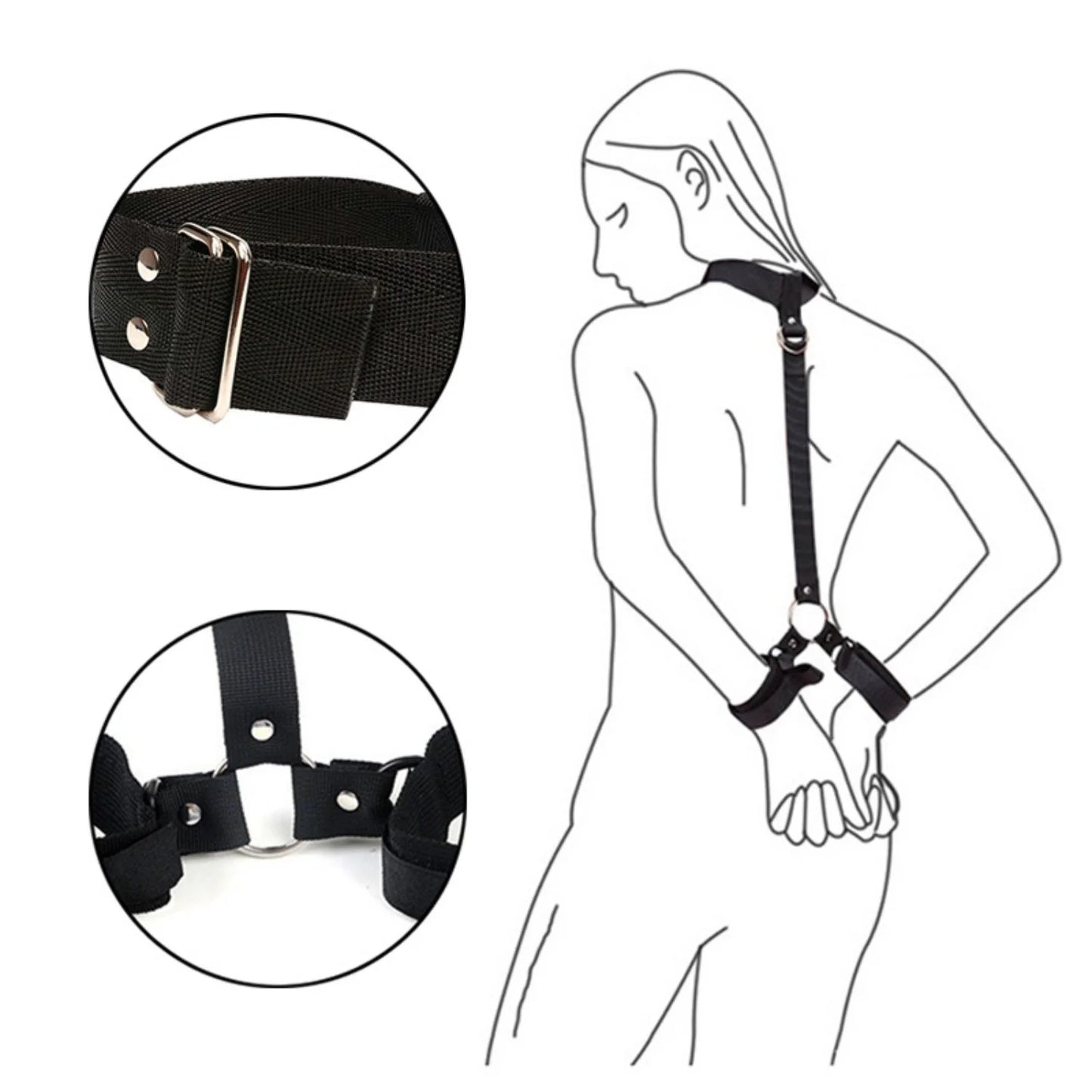 Black collar connected to adjustable wrist cuffs with a chest restraint harness.