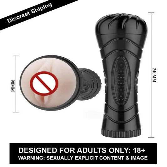 Black cup shape male vibrating relax massager with textured interior and control unit.