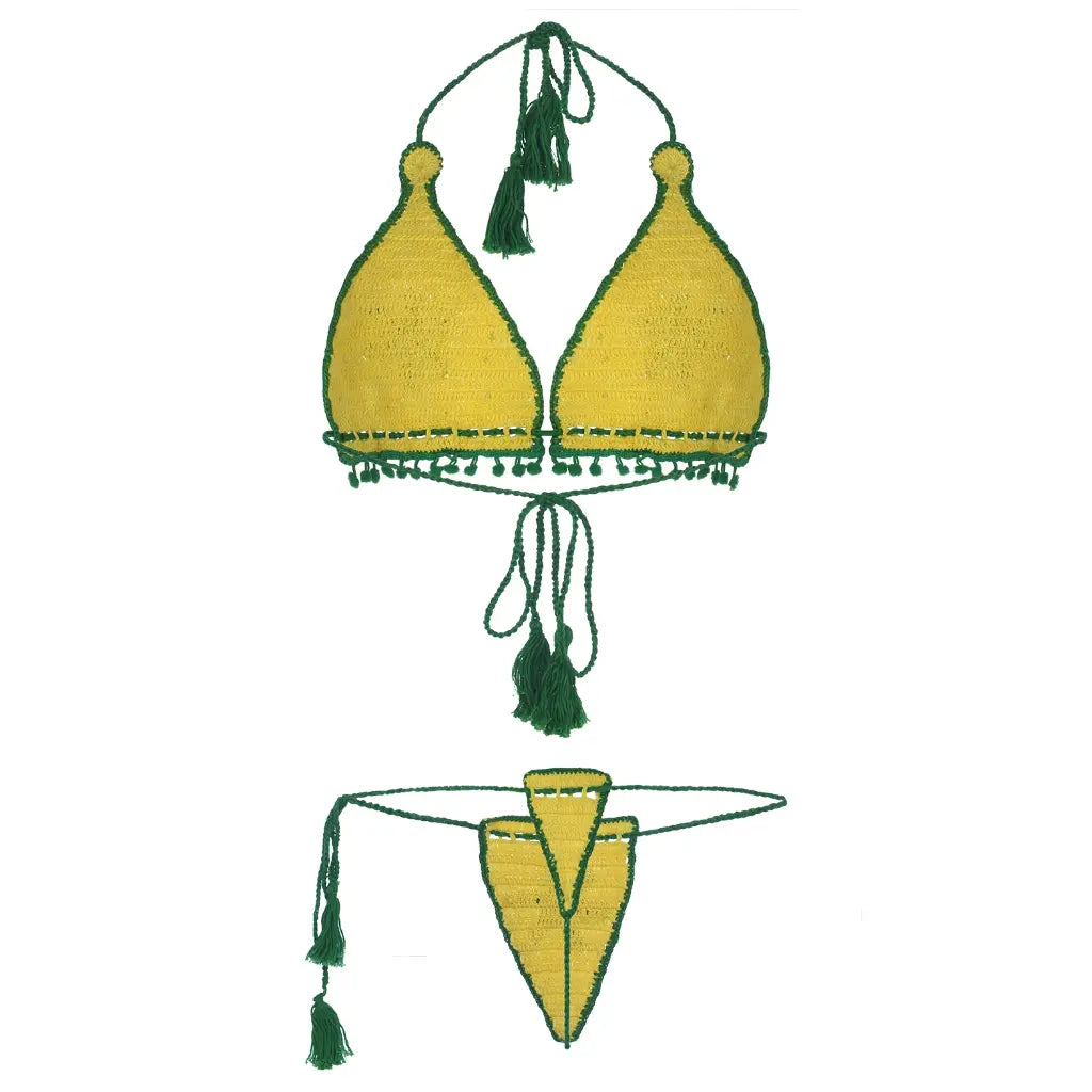 Handmade crochet triangle bikini set with floral detailing and tassel tie design.