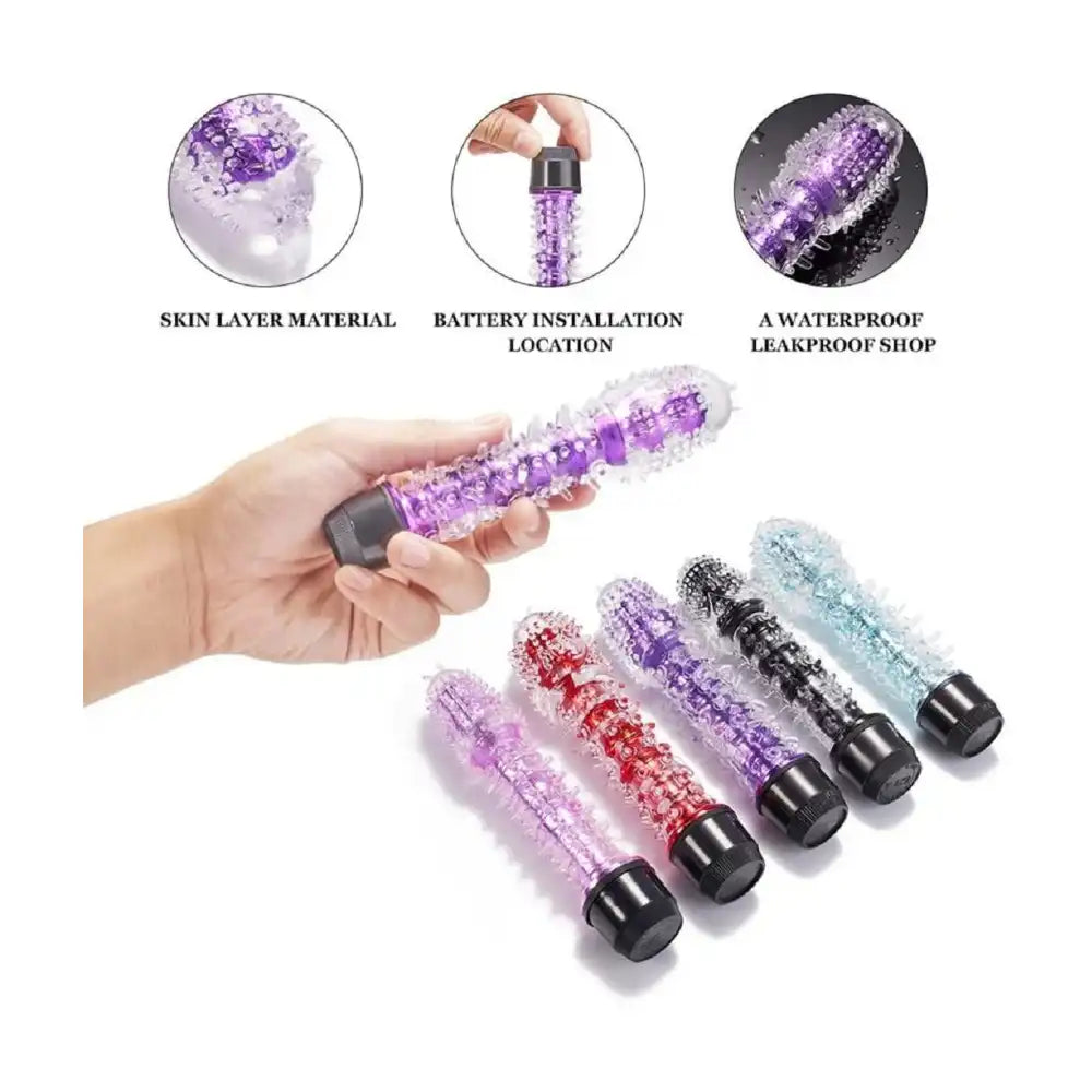Transparent pink jelly soft vibrating massager with textured surface and flexible design.