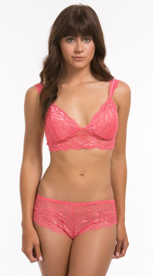 women's black two-piece lingerie set featuring a longline floral lace bralette and matching lace boyshorts with scalloped trim.
