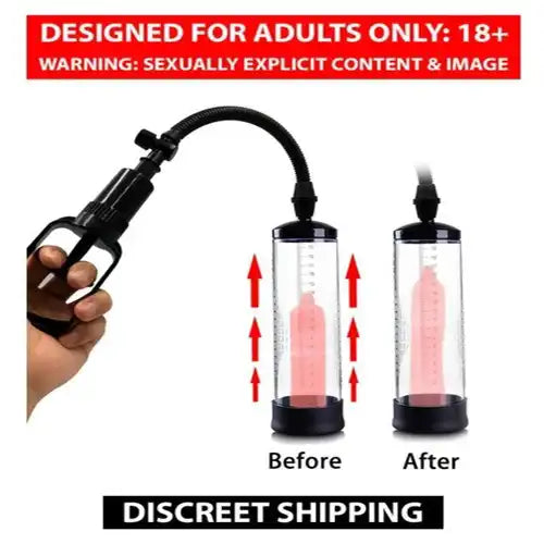 Men's manual vacuum pump system with transparent measurement cylinder and ergonomic hand pump.