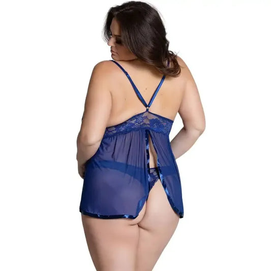 women's plus size navy blue lingerie set featuring a floral lace bodice babydoll with a sheer mesh skirt and matching G-string.