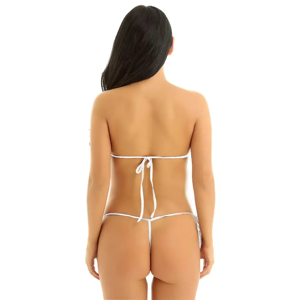 woman wearing black ring accent bandeau micro bikini lingerie set with minimal string bottoms