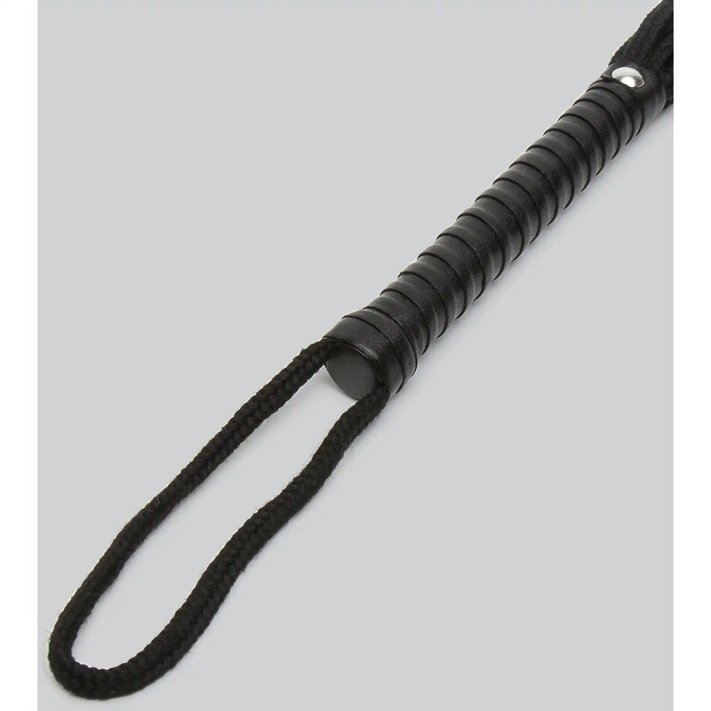 Black rope flogger with multiple braided rope strands, wrapped handle, and wrist loop.
