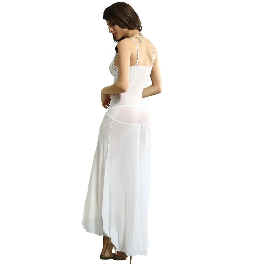 woman wearing Multicolor sheer lace maxi nightwear dress with thigh slit and matching panty