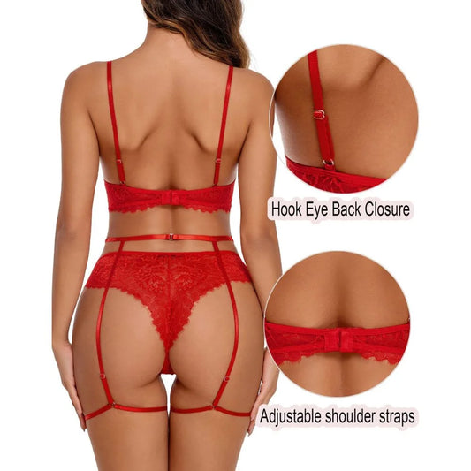 Women lace bra panty garter lingerie set with stylish strappy detailing.