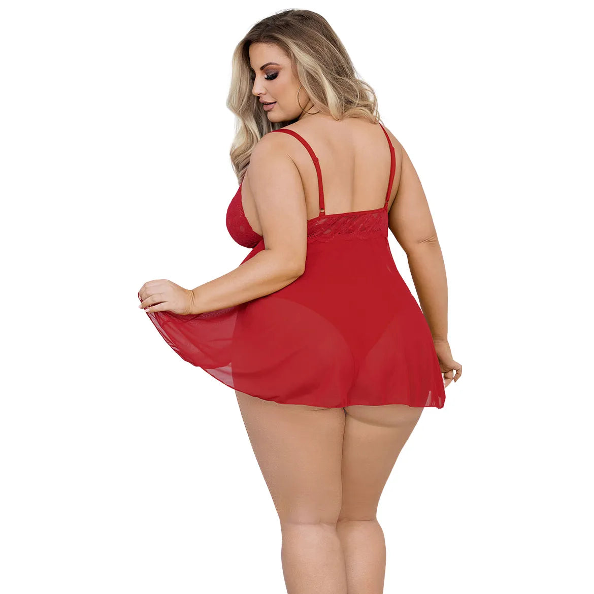 woman wearing red lace babydoll mesh nightwear lingerie dress with criss cross neckline India