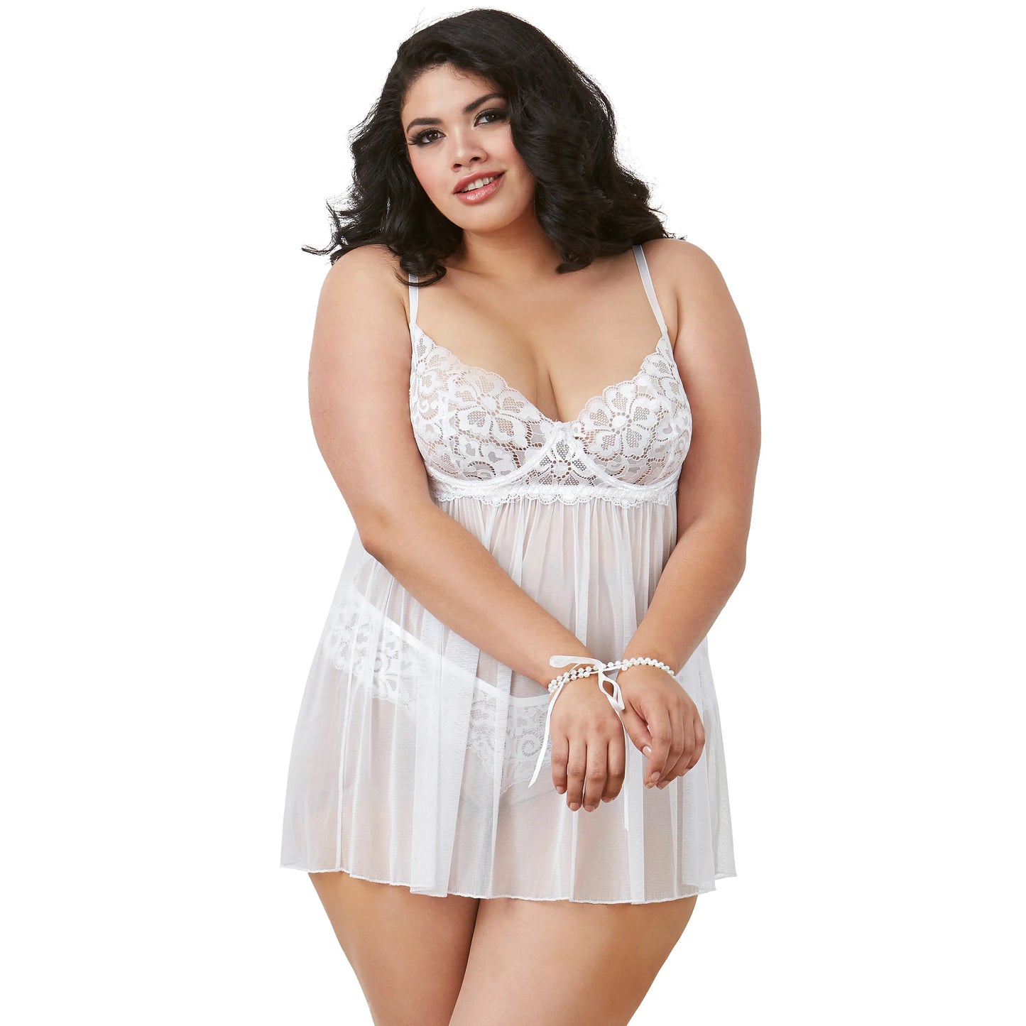 woman wearing white lace babydoll sheer mesh nightwear lingerie dress with matching panty India