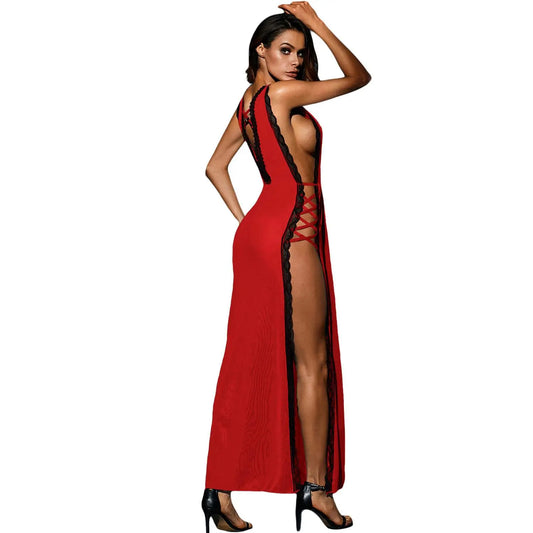 woman wearing red deep slit long nightdress with plunge neckline and side lace detailing