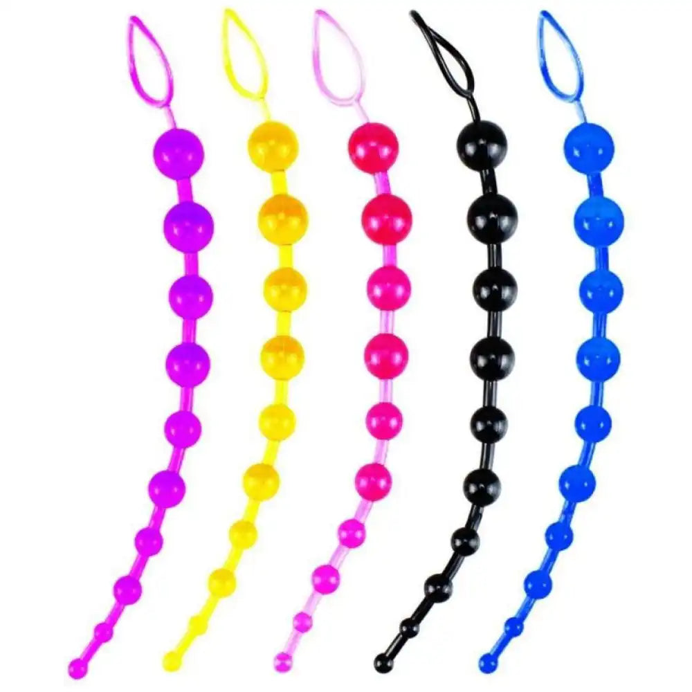 Multicolor 10 inch flexible vibrating beads massager with graduated bead design and lightweight construction.