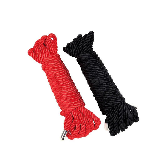 Black 5 meter braided nylon bondage rope with looped ends for roleplay and restraint activities.