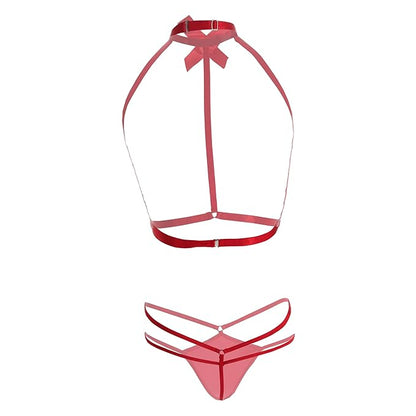 Premium Women’s Halter Open-Cup Bralette & Strappy Panty Set – Bold Two-Piece Lingerie Ensemble with Oversized Satin Bow & Architectural Frame