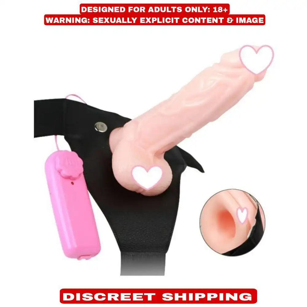 7 inch hollow strap-on with adjustable harness belt and vibration controller.