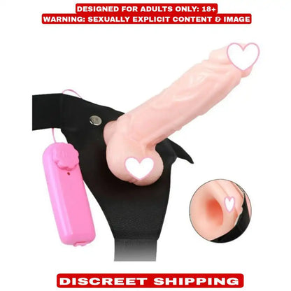 7 inch hollow strap-on with adjustable harness belt and vibration controller.