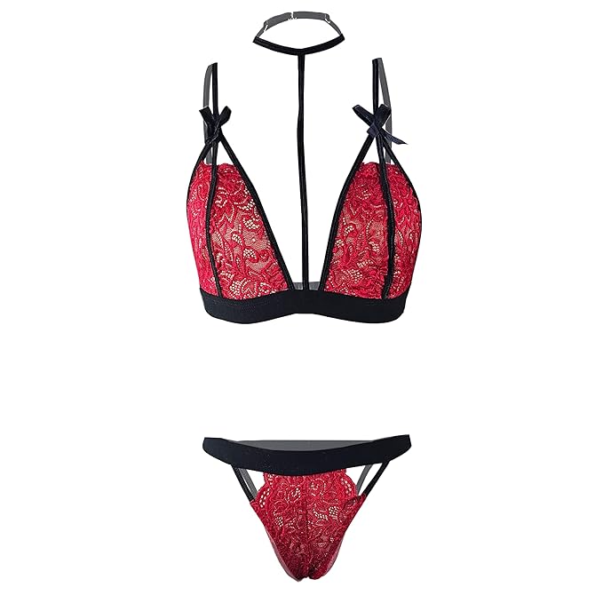 Women’s Crimson Red Floral Lace Bralette & Panty Set – Elegant Two-Piece Lingerie Ensemble with Integrated Choker and Geometric Harness Straps