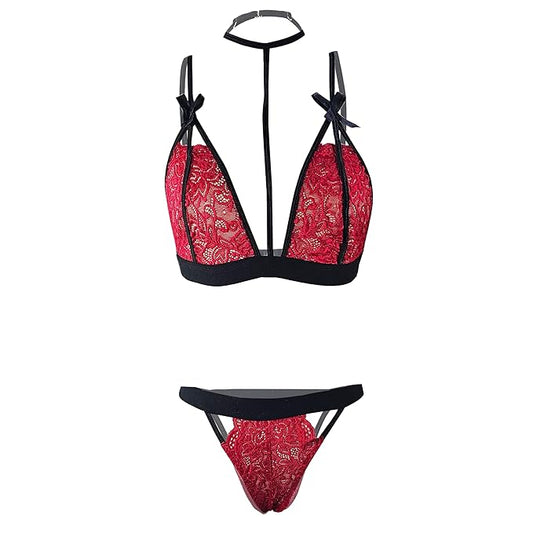 Women’s Crimson Red Floral Lace Bralette & Panty Set – Elegant Two-Piece Lingerie Ensemble with Integrated Choker and Geometric Harness Straps