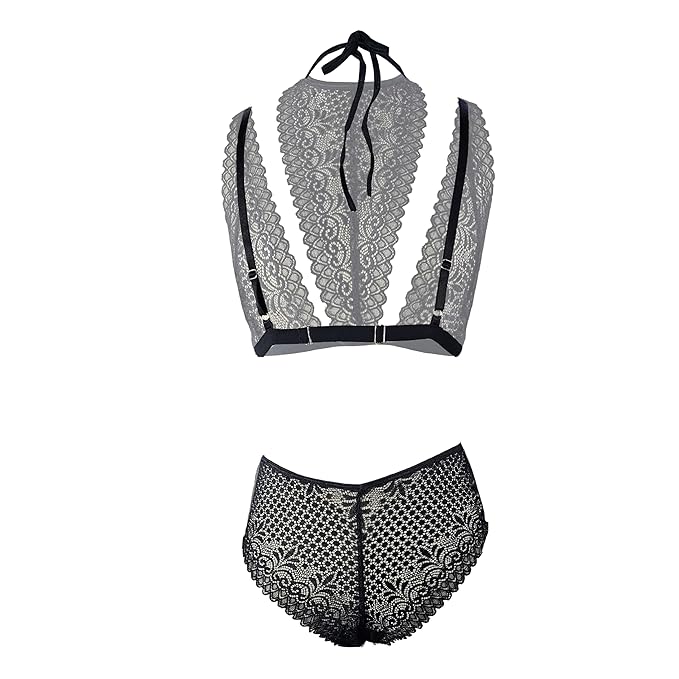 Premium Women’s High-Neck Floral Lace Bralette & Panty Set – Elegant Two-Piece Lingerie Ensemble with Modern Halter Detail and Criss-Cross Waist