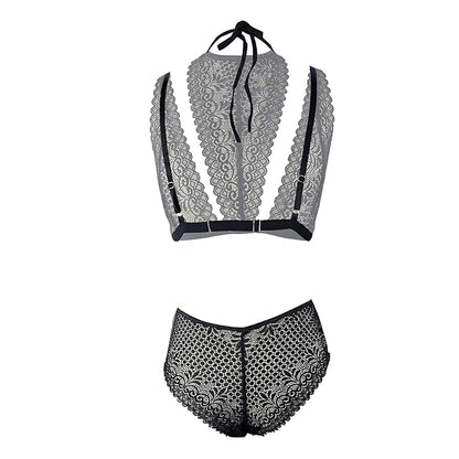 Premium Women’s High-Neck Floral Lace Bralette & Panty Set – Elegant Two-Piece Lingerie Ensemble with Modern Halter Detail and Criss-Cross Waist