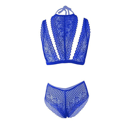 Premium Women’s High-Neck Floral Lace Bralette & Panty Set – Elegant Two-Piece Lingerie Ensemble with Modern Halter Detail and Criss-Cross Waist
